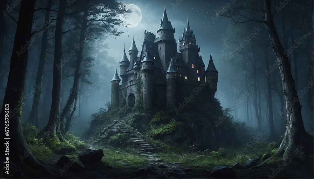 Poster mysterious castle in the dark forest - ai generative