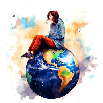 Girl sitting on globe watercolor paint