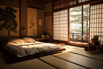 The room where the sumo wrestler lives, in traditional Japanese style - obrazy, fototapety, plakaty