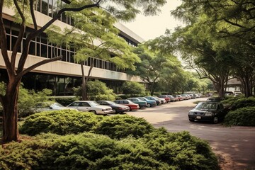 Cars parked near office building with trees and bushes. Generative AI