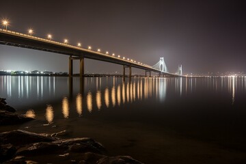 A nighttime bridge over water with lights, a city in the background, and cloudy skies. Generative AI