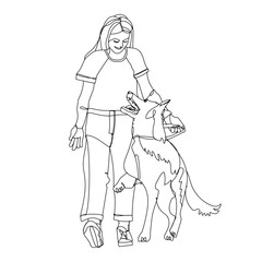 woman walking with large dog, line drawing / doodle