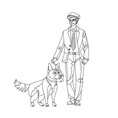 man in suit walking with large dog, line drawing / doodle