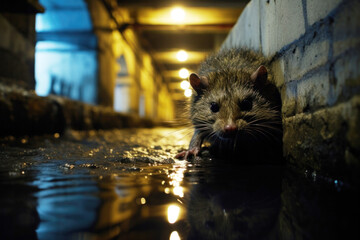 A lone little rat navigates the maze-like tunnels in a narrow drainage pipe - obrazy, fototapety, plakaty