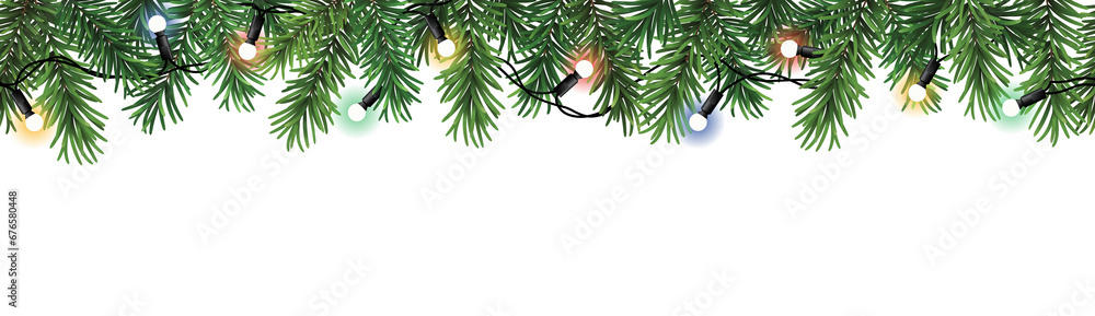 Canvas Prints christmas decoration seamless pattern with branches and colorful christmas lights isolated on transp