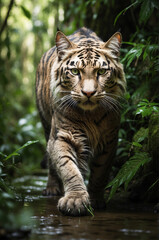 A majestic feline with rippling muscles and piercing green eyes, exudes strength and confidence as it prowls through a lush jungle - AI Generative