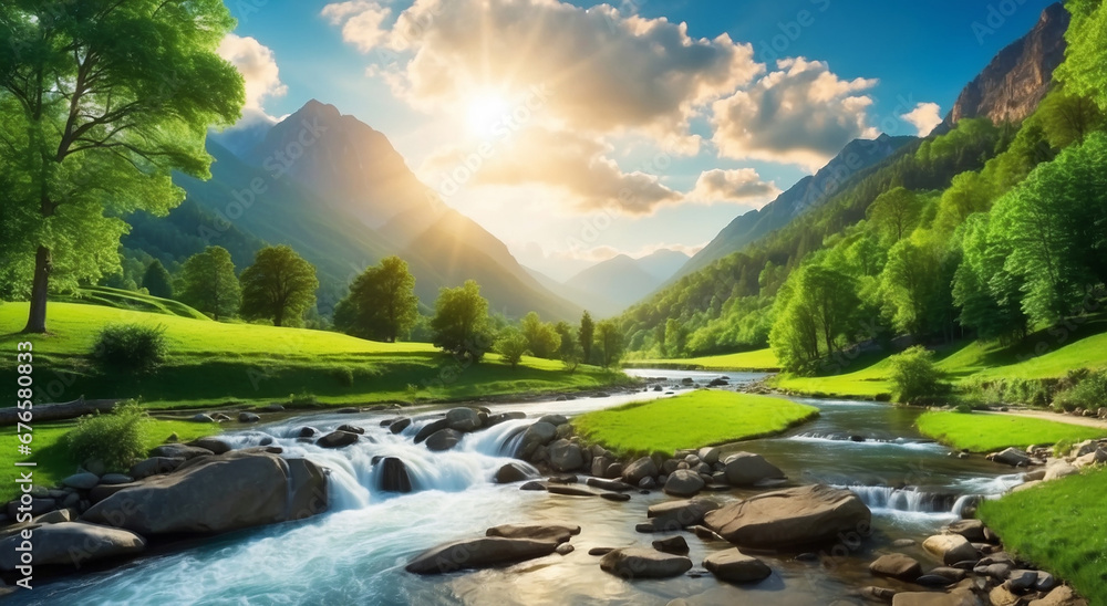 Poster a magnificent nature view with lush green trees, flowing rivers, streams, and sun rays magically ill