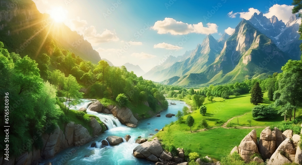 Poster a magnificent nature view with lush green trees, flowing rivers, streams, and sun rays magically ill