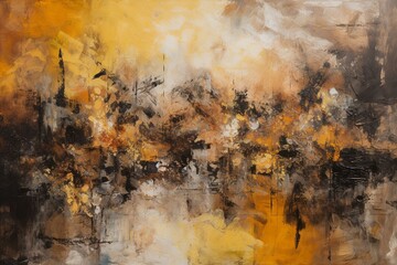 Colorful abstract textured painting in shades of yellow, black, and brown. Generative AI
