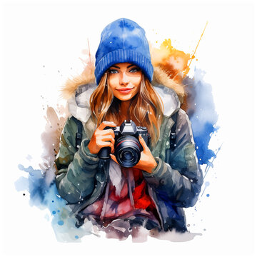 Photographer girl watercolor paint ilustration