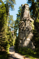 Hiking path through monumental rock formations in Adrspach rocks, Czech Republic