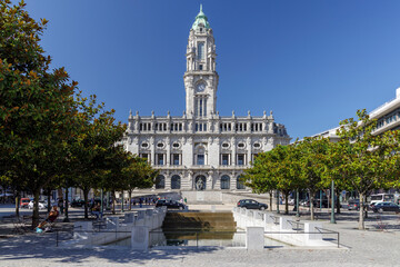 Porto city hall in Aliados avenue, Portugal. - obrazy, fototapety, plakaty