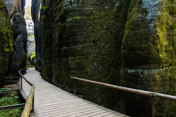 Hiking path through monumental rock formations in Adrspach rocks, Czech Republic
