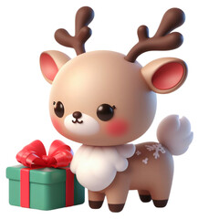 3d cute christmas reindeer with gift, png