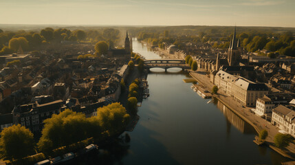 Drone view of Maastricht with river Maas at sunset - obrazy, fototapety, plakaty