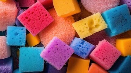 stack of colorful sponges for cleaning housework close up. Waste and environment issues. - obrazy, fototapety, plakaty