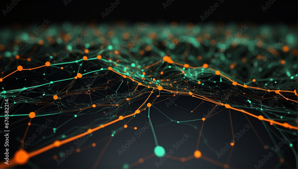 Poster digital tech connected lines with small dots green, black, and orange - ai generative