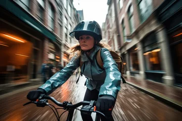 Foto op Aluminium woman in helmet riding a bicycle in Amsterdam in the street motion blur effect © Dina