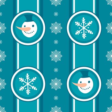 Cartoon winter ice seamless snowman and snowflakes pattern for Christmas packaging and new year
