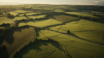 Aerial drone view of green agriculture fields and farmland