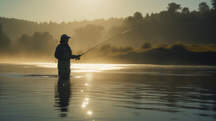 fisherman standing in lac in morning fog - obrazy, fototapety, plakaty