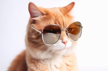 Portrait of an orange cat with sunglasses on white background.