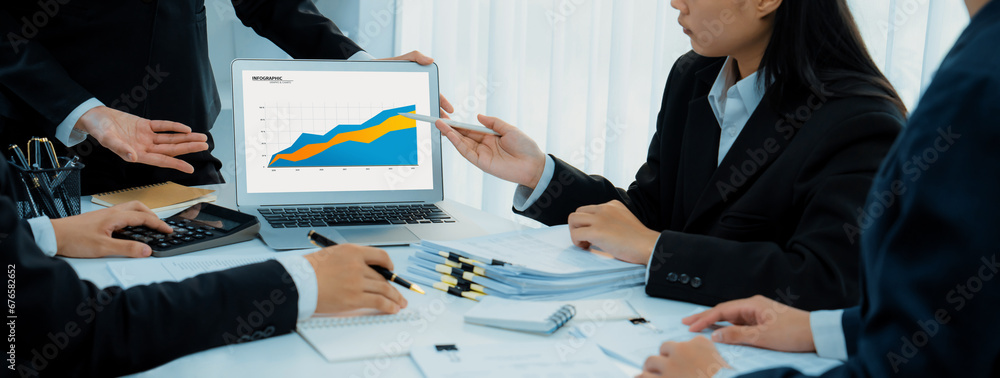 Poster business intelligence analyst team use bi software on laptop to analyze financial data dashboard. bu