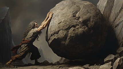 Sisyphus is pushing a rock up a mountain. The enduring symbolism of sisyphus pushing a rock up a mountain: a representation of eternal effort, mythological punishment, and philosophical reflection. - obrazy, fototapety, plakaty