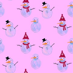 Winter ice seamless Christmas watercolor snowman pattern for wrapping paper and fabrics and linens