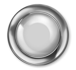 Realistic big white plastic button with shiny metallic border. With shadow on white background