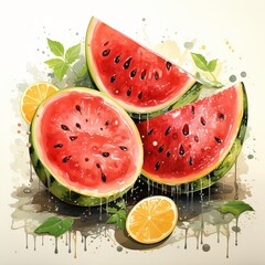 watermelon with red pulp and seeds, cut into portions. Summer delicious juicy fruits and large berries. Illustration drawing, Banner with berry
