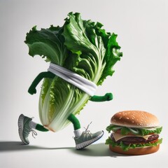 A humorous food concept showcasing a lettuce head preparing to battle a classic hamburger