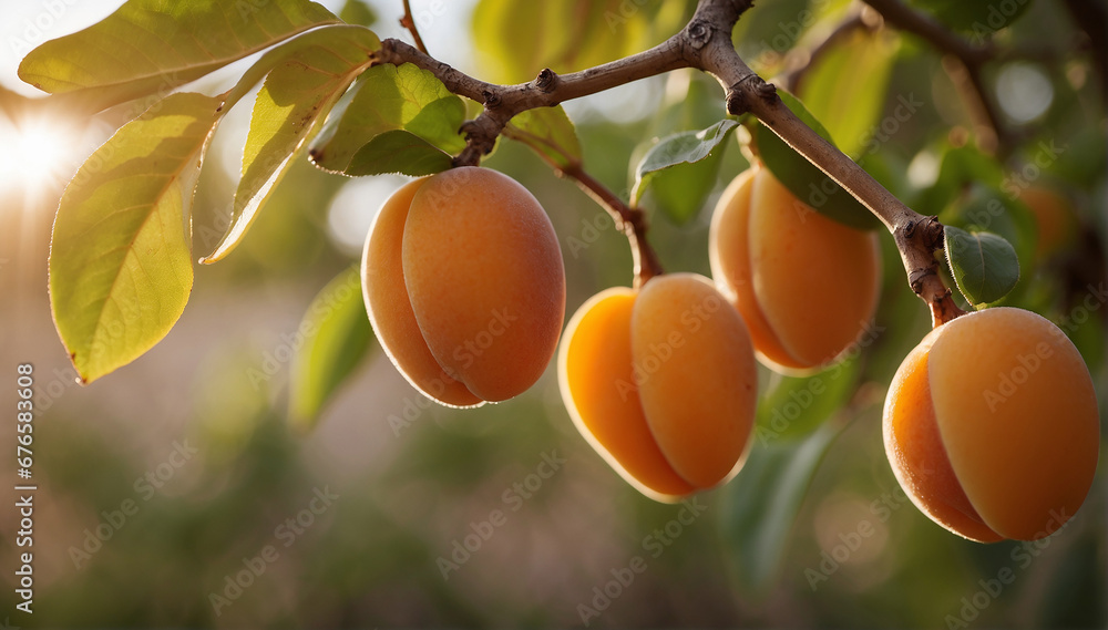 Poster a closeup of a couple of apricots hanging on a branch with a defocused background - ai generative