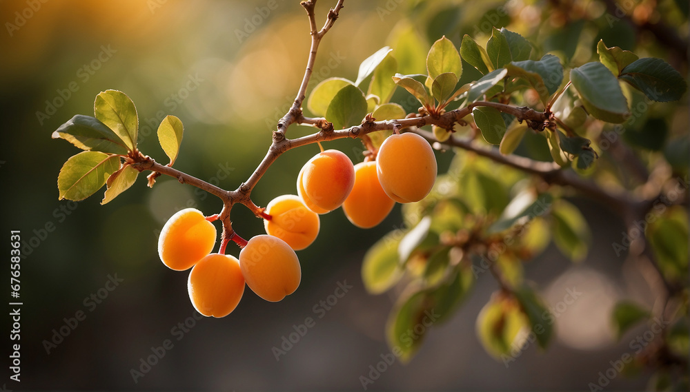 Poster a closeup of a couple of apricots hanging on a branch with a defocused background - ai generative