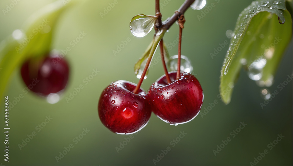 Poster a closeup of a couple of cherries hanging on a branch with a defocused background - ai generative