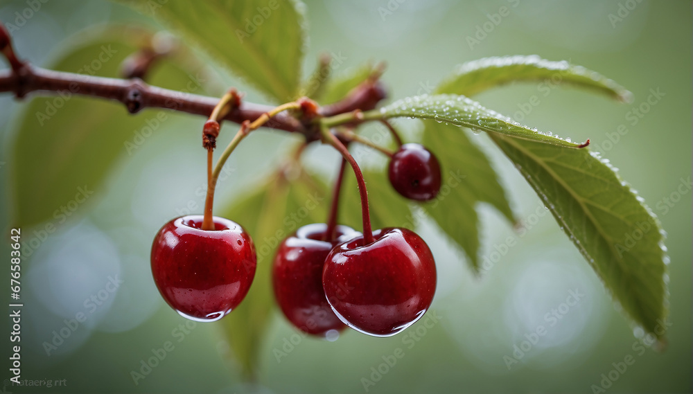 Poster a closeup of a couple of cherries hanging on a branch with a defocused background - ai generative