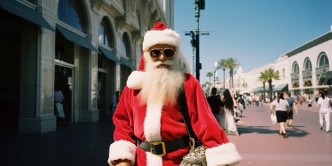 Stylish Santa Claus with Sunglasses on Sunny Day in Los Angeles, USA