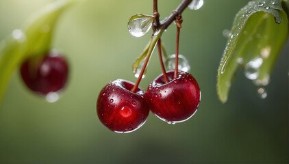 A closeup of a couple of cherries hanging on a branch with a defocused background - AI Generative
