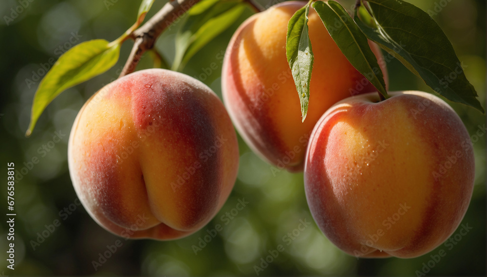 Poster a closeup of a couple of peaches hanging on a branch with a defocused background - ai generative