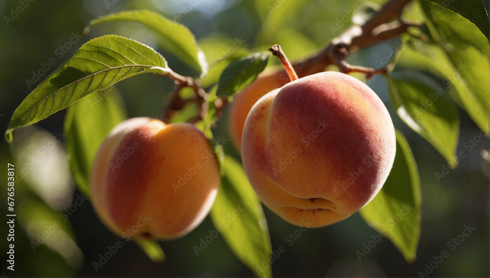 Poster a closeup of a couple of peaches hanging on a branch with a defocused background - ai generative