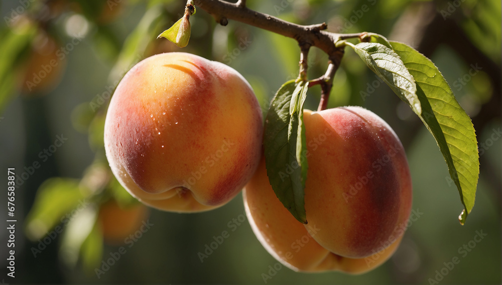 Poster a closeup of a couple of peaches hanging on a branch with a defocused background - ai generative