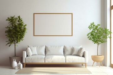 Blank wall in a living room with a frame for wall art and summer-themed decor. Generative AI