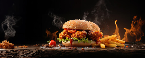 fresh crispy fried chicken burger sandwich with flying ingredients and spices hot ready to serve and eat food commercial advertisement menu banner with copy space area - obrazy, fototapety, plakaty