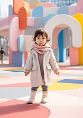 little Korean child in stylish clothes on the playground in Seoul, Asian girl, boy, portrait of a cute kid, baby, fashionable outfit, trend, children, urban, city, hoodie, pastel colors, walk, autumn