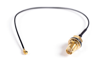SMA to uFL RF adapter interface cable isolated on white background. Antenna coaxial cable with...