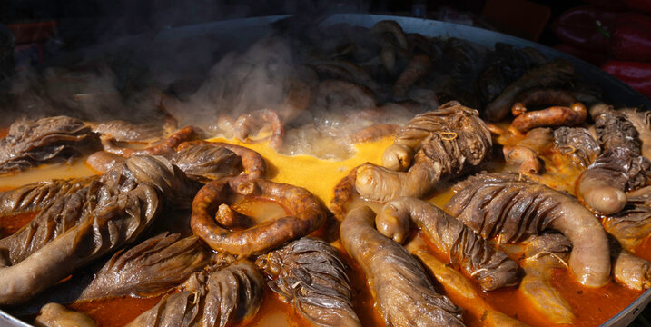 Turkish Offal Dish Shirdan Being Cooked. Steaming Shirdan, a Traditional Turkish Tripe Meal. Local Delicacy in Turkey