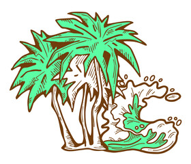 Fototapeta na wymiar Palm and wave composition. Travel holiday, dream lagoon, spa resort, summer vacation, tropical paradise, ocean coast, sea shore design element. Hand drawn illustration, cartoon comic style drawing.