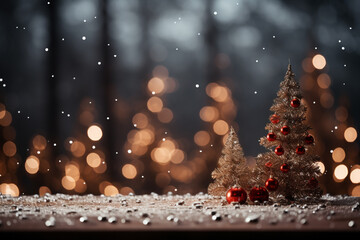Fototapeta na wymiar Christmas background with fir tree and sparkling bokeh lights. Place for text