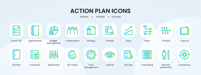 Fototapeta na wymiar Action plan icon collection with blue and green gradient outline style. action, plan, collection, solution, strategy, objective, business. Vector Illustration