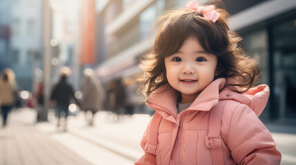 Fototapeta premium little Korean child in stylish clothes on the street of Seoul, Asian girl, boy, portrait of a cute kid, baby, fashionable outfit, fashion, trend, children, urban, city, hoodie, pastel colors, walk